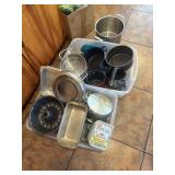 2 totes of pans, pots, baking pans, stock pot