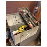 large hard plastic tool box, tray, vise grips,
