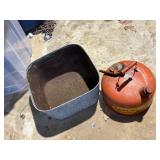 metal fuel can , galvanized square wash tub rusty