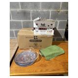 3 glass serving trays, placemats. glassware