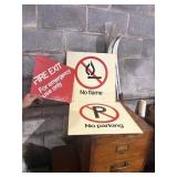 No Flame, No Parking, & Fire Exit signs