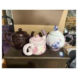 3 teapots, brown,purple butterfly, pink roses