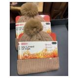 2 womens cozy knit hats tan