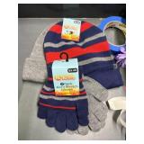 2 kids knit hats. 2 pr kids knit gloves