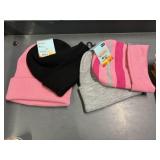 4 kids knit hats,, black , pink, gray, pink stripe