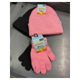 2 kids knit hats, 2 pr kids gloves pink, black
