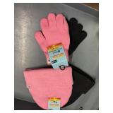 2 kids knit hats, 2 pr kids gloves pink, black