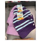 4 kids knit hats,, purple. blue stripe