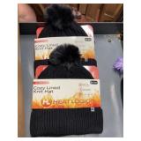 2 womens cozy lined knit hats black with pompom