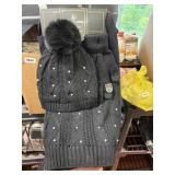scarf,hat, glove set black with pearl accents