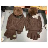 2 womens brown knit hats, 2 pr gloves tech touch