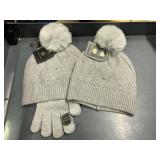2 womens gray  knit hats, only 1 pr gloves tech