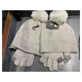 2 womens gray   knit hats, 2 pr gloves tech touch