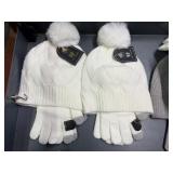 2 womens white  knit hats, 2 pr gloves tech touch