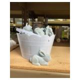 bucket of blue flocked bunnies (fuzzy) 3.5'long@