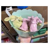 bucket of  pink & yellow  flocked bunnies (fuzzy)