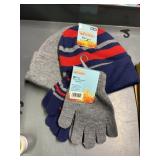 2 kids knit hats,2 pr kids gloves,gray, blue red