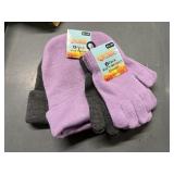 2 kids knit hats, 2 pr kids gloves, purple, gray