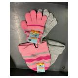 2 kids knit hats, 2 pr kids gloves, gray, pink
