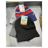 4 kids knit hats, gray, gray black stripe, black
