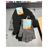 2 kids knit hats,2 pr kids gloves  black, gray