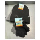 2 kids knit hats, 2 pr kids gloves, black, gray