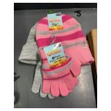 2 kids knit hats,2 pr kids gloves,pink, gray