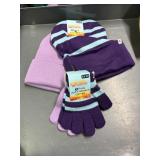 2 kids knit hats, 2 pr kids gloves, purple, blue