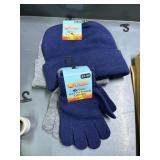 2 kids knit hats,2 pr kids gloves,gray, blue
