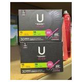 2 boxes U by KOTEX 15 reg. 15 super tampons