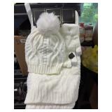 scarf, hat, glove set, white gloves are tech touch