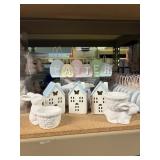 easter decor 3 lighted houses, 2 egg holders,