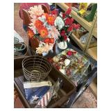 wood chair & swan faux flowers, serving tray