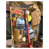 2 baseball gloves, softball, ball pump, swim