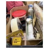 box of drywall repair supplies, tape, mud tray