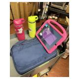 2 kids water bottles, tablet cover, messenger bag