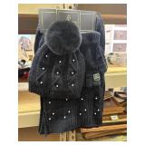 hat , glove , scarf sets black with pearl accents