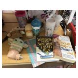 cups, beer mug, 2 baby yoda,(scensy), 3 books