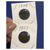 1908 1907  INDIAN HEAD CENT COINS