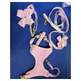 small pink corduroy harness, collar, leash