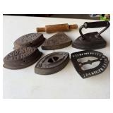 Vintage Irons & Wooden Rolling Pin
