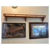 Framed Wall Hangings & Wood Shelf