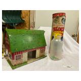 Vintage Block City Toy Set, Tin Barn & Farm Animals