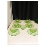 Green Uranium Depression Glass Cups & Saucers