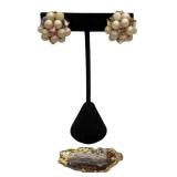 Autumn brooch and pearl cluster earrings