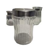 Vintage Ribbed Glass Jar Set with Metal Lids (K)