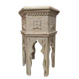 Vintage Distressed White Carved Accent Table (U)