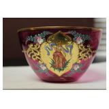 Hand Painted Cranberry Bowl - Rare Figeral Design