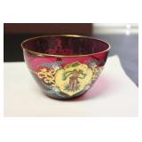 Hand Painted Cranberry Bowl - Rare Figeral Design