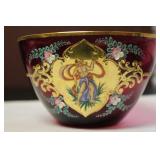 Hand Painted Cranberry Bowl - Rare Figeral Design